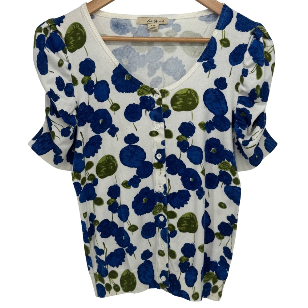 Forever 21 Women's Floral Short Sleeve Cardigan Blue Green Puff Sleeve Size L